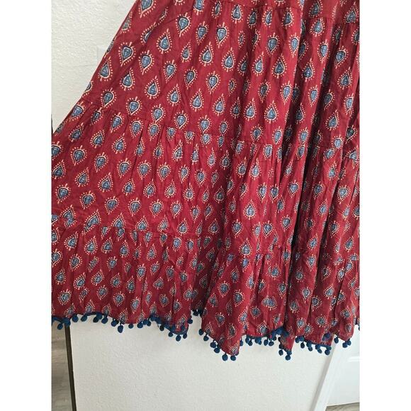 NWT Maroon Buti Printed Cotton Long Dress Pompom Lace Shoulder Straps  XL - Picture 4 of 8